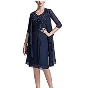 Beaded, Navy Blue Evening Dress with Jacket in Navy Blue